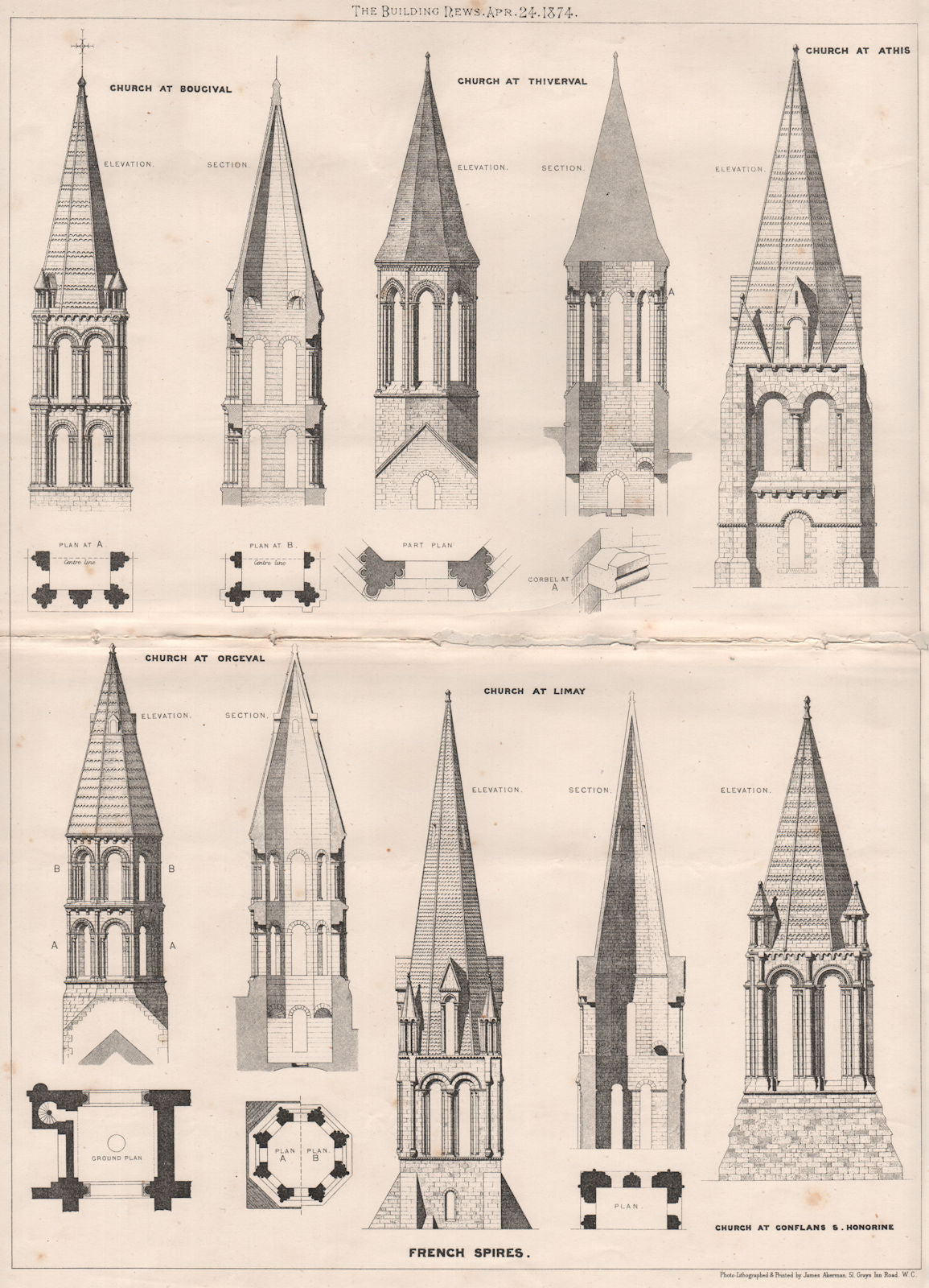 French church spires. Bougival Thiverval Athis Orgeval Limay Conflans 1874